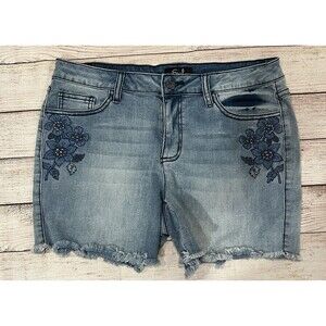 Earl Jean mid-rise denim shorts with blue floral embroidery and a frayed hem 12
